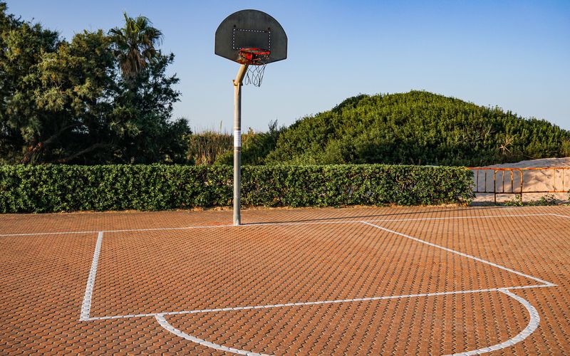 Un canestro in un campetto all'aperto, con le palme e la luce del pomeriggio