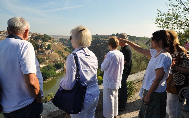 Un gruppo di adulti, di spalle, guarda il panorama di una città antica