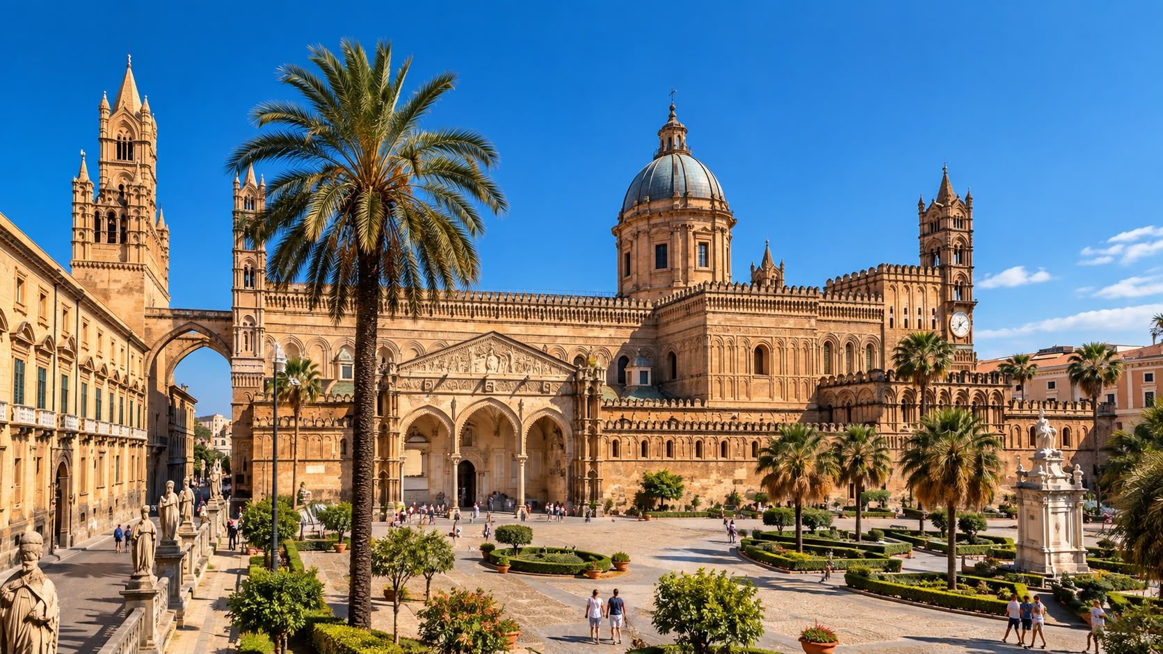 La Cattedrale di Palermo con le palme della piazza, in una giornata di sole